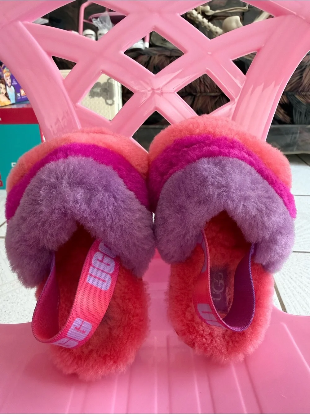 UGG Kids Pink, Purple & Coral Fluffy Slide Slippers